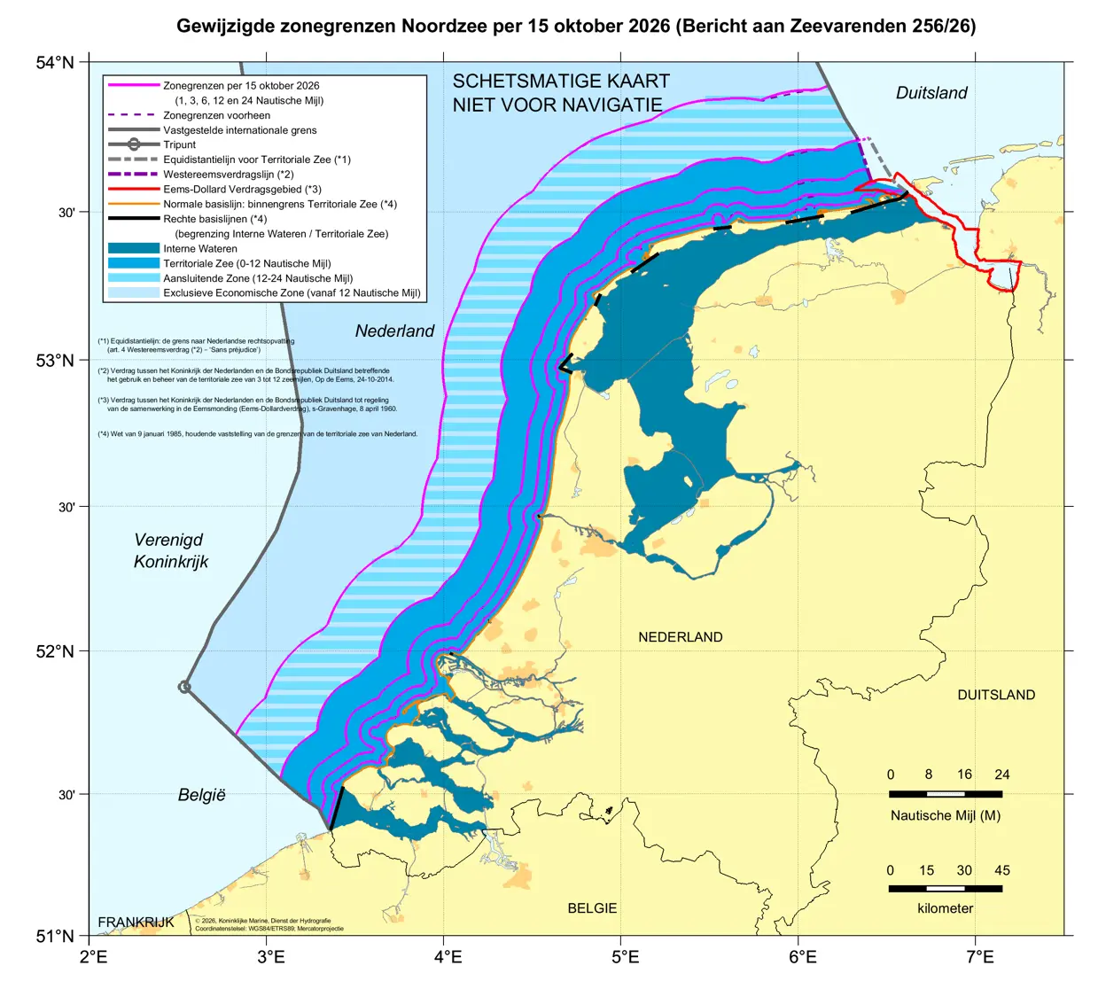 Kaart: gewijzigde zonegrenzen langs de hele Nederlandse kust door gewijzigd dieptebeeld op verschillende zeekaarten. De inhoud van de kaart is te gebruiken door zeevarenden.