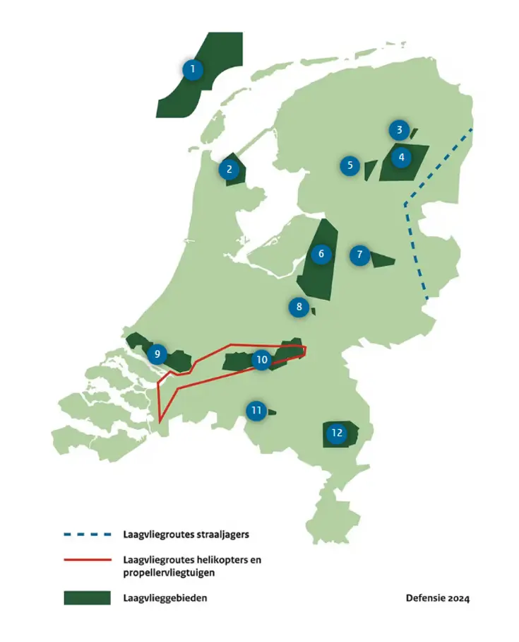 Kaart met laagvliegroutes en -gebieden