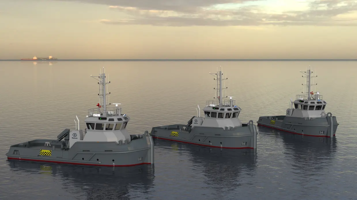 3 grijze sleepboten met witte kajuit in het water met de neuzen naar rechts.