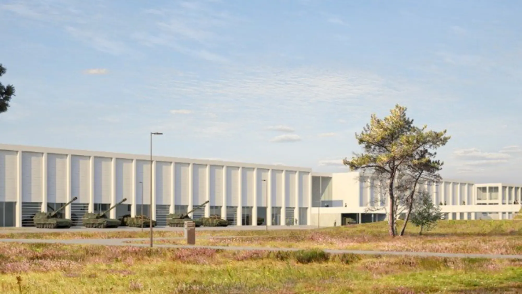 Animatie van modern defensieterrein met strak wit gebouw met daarvoor geparkeerde tanks. Rondom is heide en staan bomen.