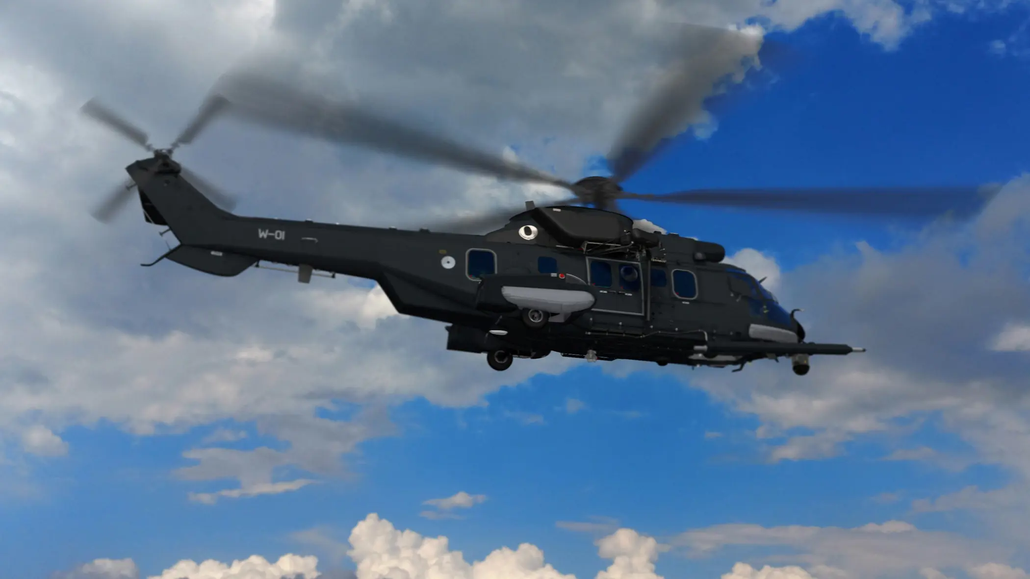Een Caracal-transporthelikopter vliegt door het luchtruim.    