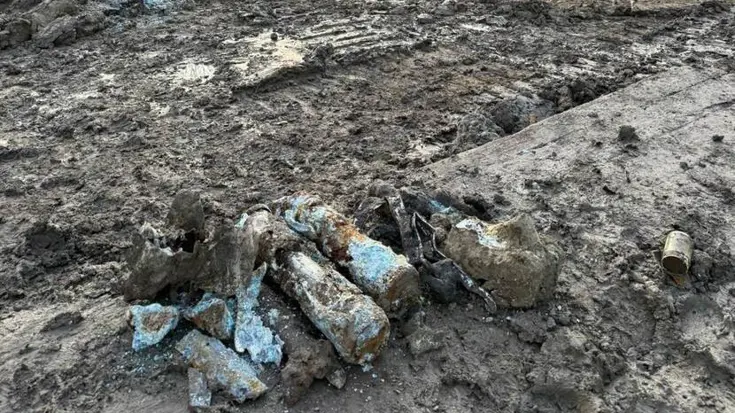 Verweerde stukken opgegraven materiaal.