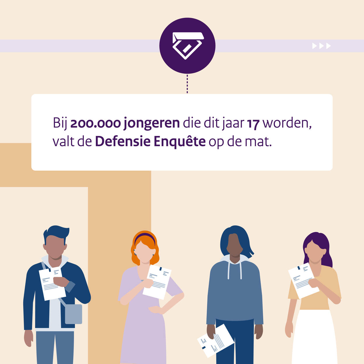 Animatie brief in brievenbus, en 4 personen met brief in hand.