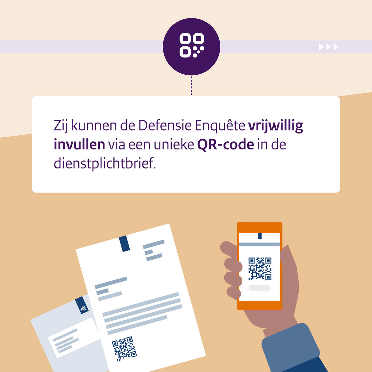 Animatie brief uit envelop en telefoon die qr-code scant.