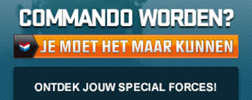 Commando worden? Je moet het maar kunnen. Ontdek jouw special forces! De banner linkt naar de pagina Korps Commandotroepen op werkenbijdefensie.nl.