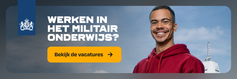 Werken in het militair onderwijs? Ontdek de mogelijkheden. Bekijk de vacatures. De banner linkt naar de pagina Defensie Ondersteuningscommando op werkenbijdefensie.nl.