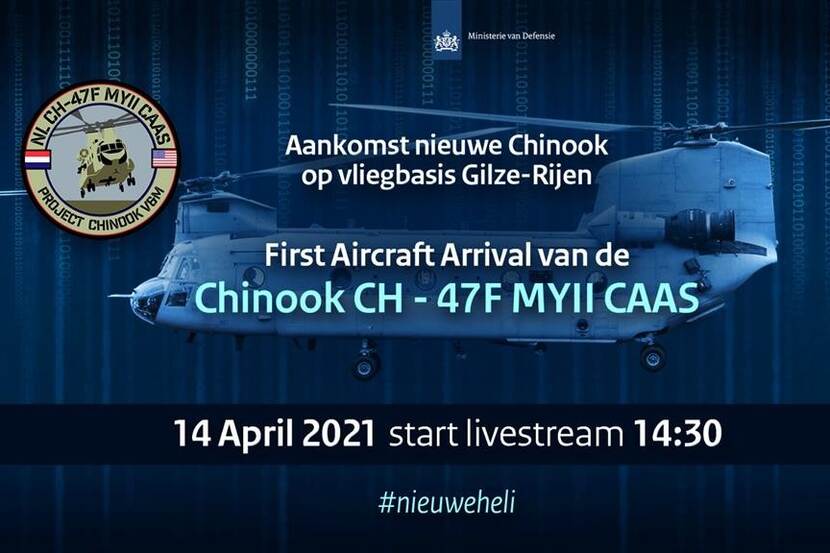 Aankondiging overhandigingsceremonie nieuwe Chinook op Vliegbasis Gilze-Rijen live op YouTube .