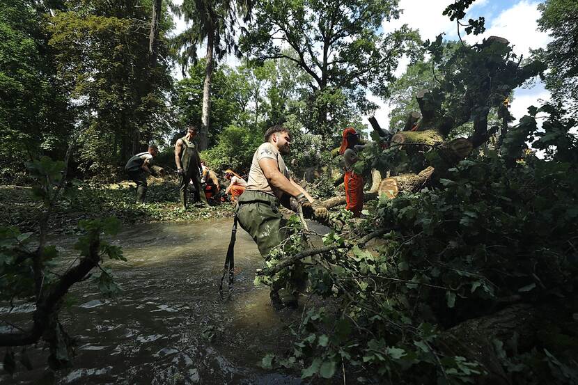 Militairen verwijderen boom uit waterstroom. Militair trekt aan grote tak.