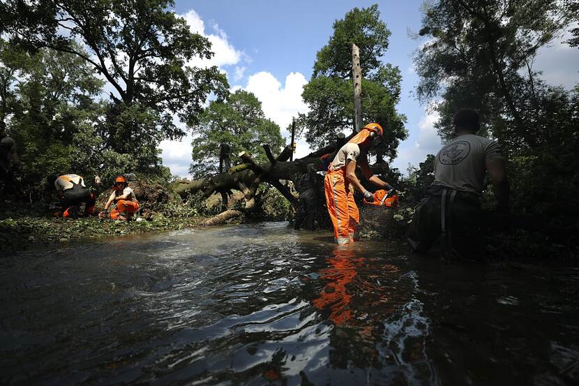 Militairen verwijderen boom uit waterstroom in Limburg.
