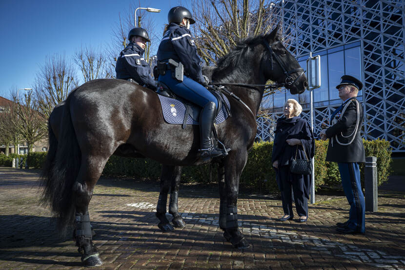 Prinses Beatrix staat voor 2 paarden van de marechaussee.