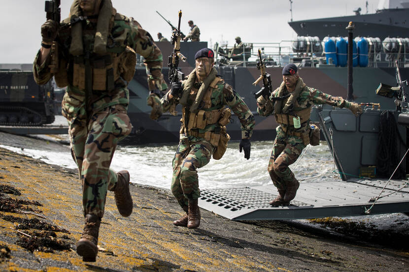 Mariniers tijdens de demonstratie van een amfibische landing.