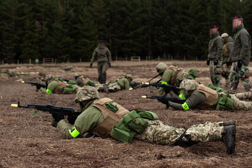 Oekraïners liggend in het veld tijdens een schietoefening.