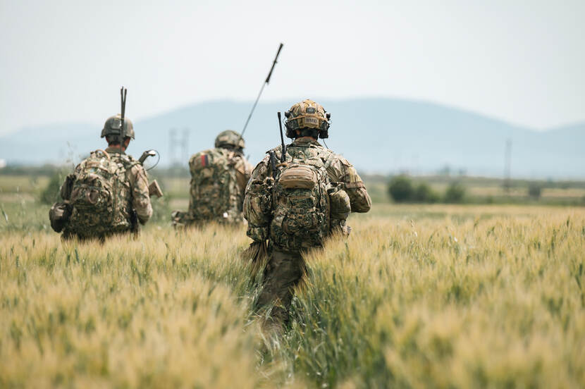 3 militairen lopen door hoog gras.