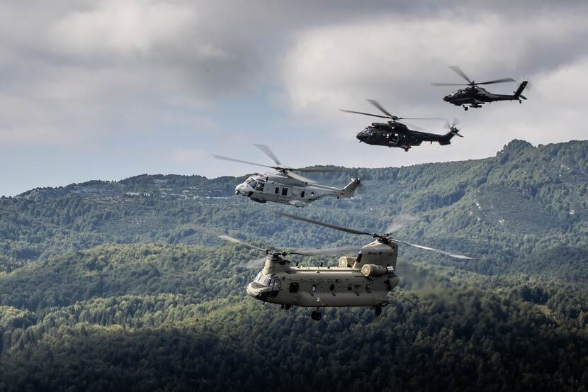 Een Chinook, een NH90, een Cougar en een Apache vliegen naast elkaar boven bergen.