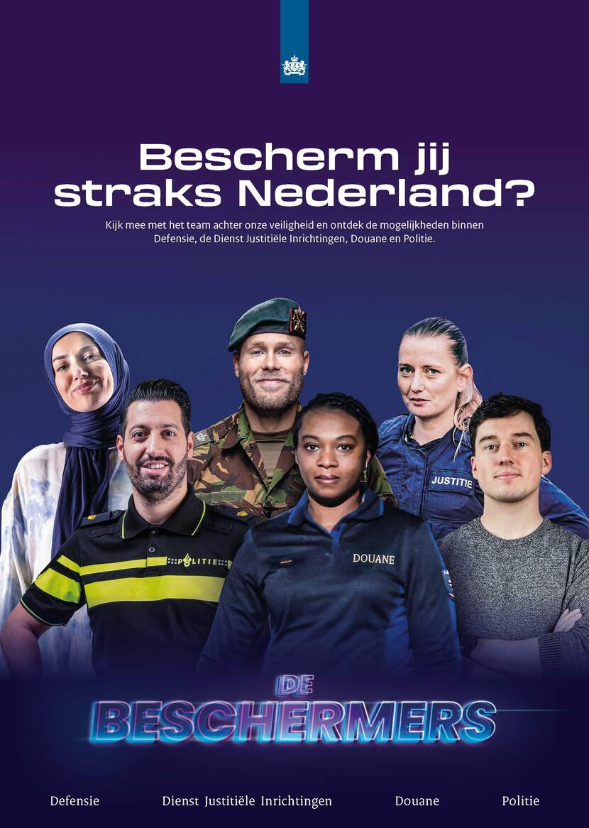 De campagneposter met medewerkers van Defensie, DJI, de Douane en de politie.