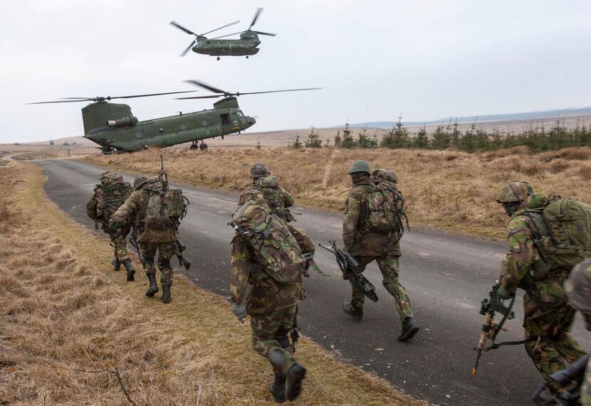 Chinooks en militairen van luchtmobiele brigade.