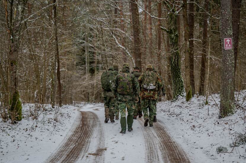 Militairen op de rug gezien lopen in besneeuwd bos.