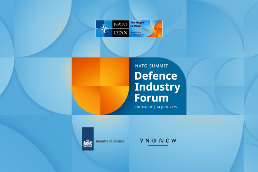 Blauw-oranje logo van het NATO Summit Defense Industry Forum