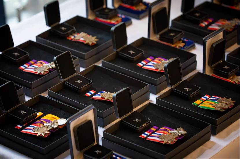 De medailles die worden uitgereikt naast elkaar in een doosje.