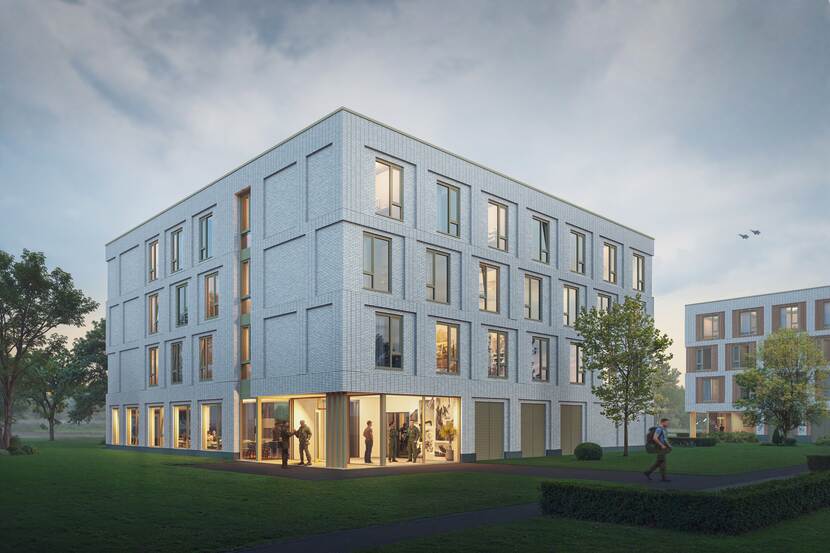 Animatie van een wit legeringsgebouw.