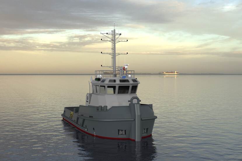 Een grijze sleepbootmet witte kajuit op het water.