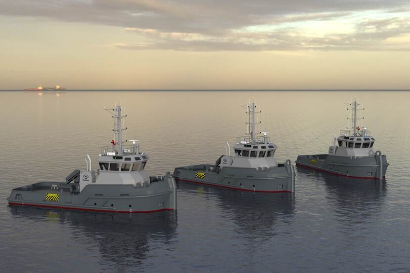 3 grijze sleepboten met witte kajuit in het water met de neuzen naar rechts.