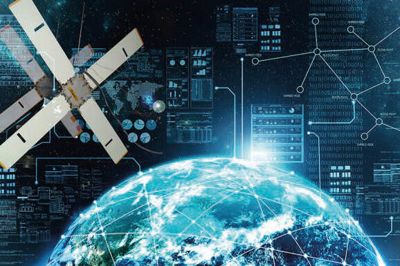 Grafische weergave van een satelliet, de aarde bezien vanuit de ruimte en digitale symbolen. Dit staat symbool voor alle domeinen waarop de doctrines betrekking hebben.