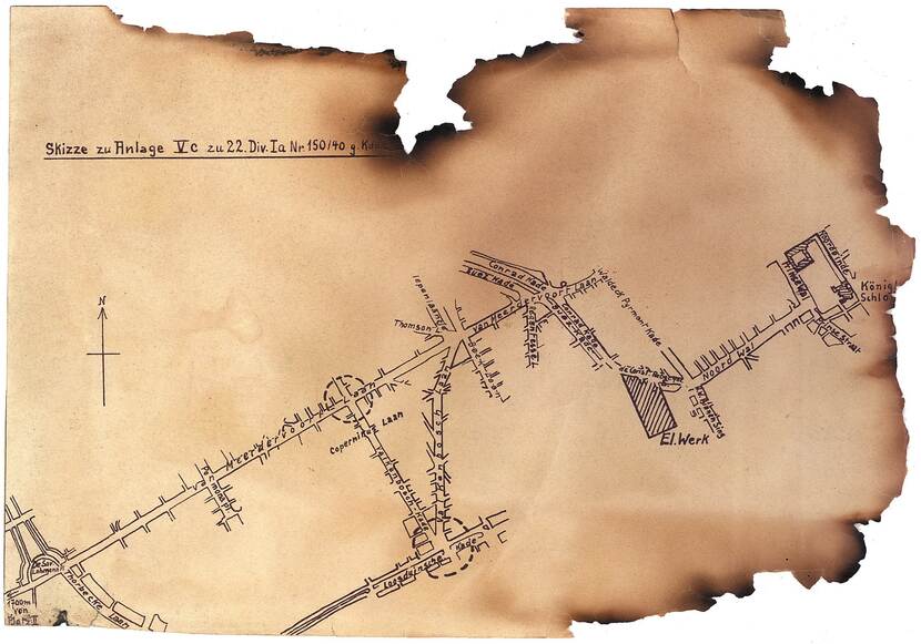 Plattegrond aangetroffen bij een gesneuvelde parachutist op Ockenburg met routebeschrijving naar Paleis Noordeinde.