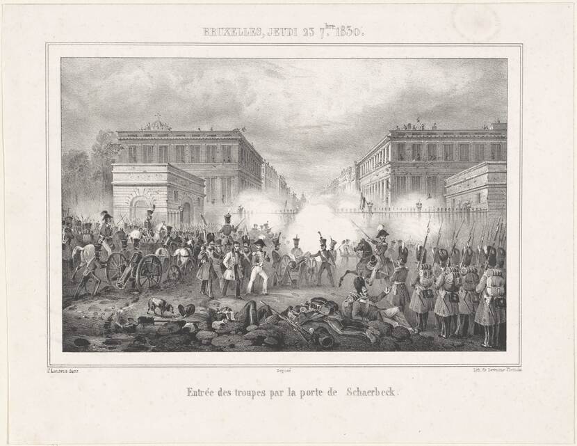 Nederlandse troepen bij de Schaerbeeckse Poort op 23 september 1830. Vanuit de huizen vuren de Belgische opstandelingen.