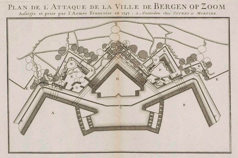 Kaart uit 1747: mijntrechters na het beleg van Bergen op Zoom.