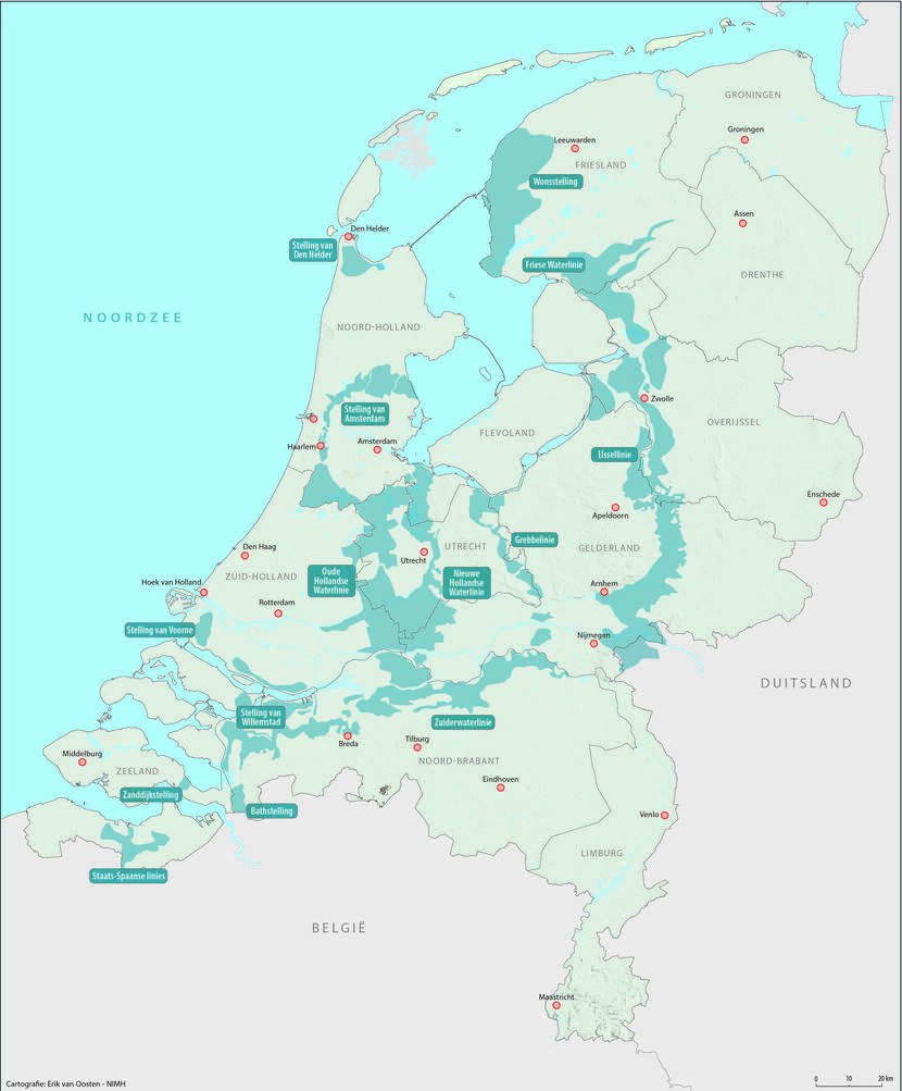 Kaart van Nederland met daarop de waterlinies.