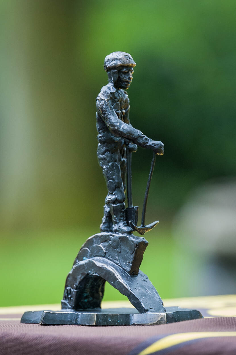 Een bronzen beeld van een genist.