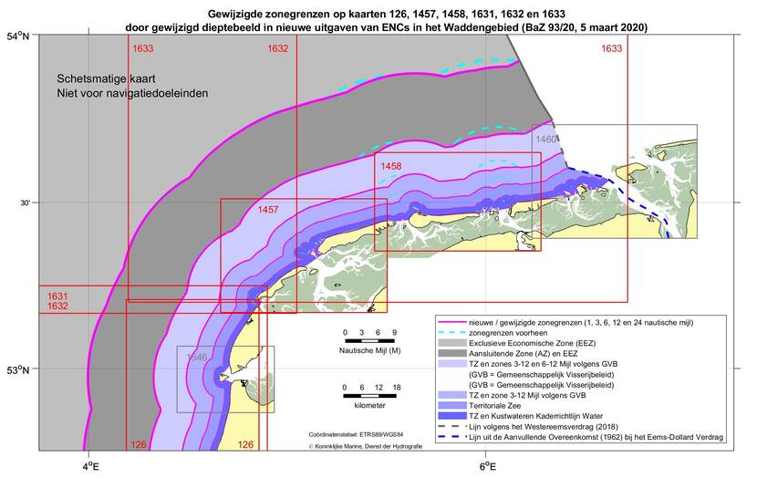 Gewijzigde zonegrenzen nabij de Waddeneilanden naar aanleiding van gewijzigd dieptebeeld op verschillende zeekaarten. De maximale wijziging bedraagt -3200 meter (1 en 3 M-lijn), -3000m (6 M-lijn), -2900 (12 M-lijn) en -2700 m (24 M-lijn).
