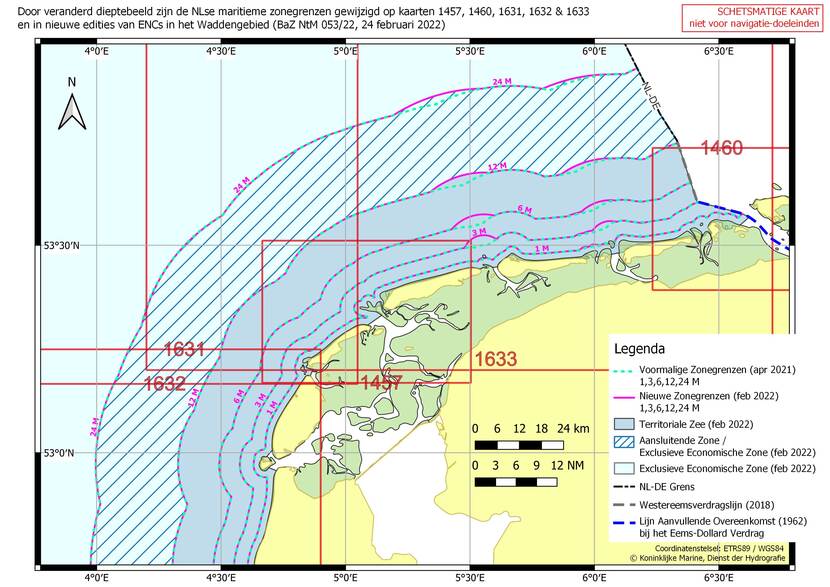 Gewijzigde zonegrenzen langs de gehele Nederlandse kust naar aanleiding van gewijzigd dieptebeeld op verschillende zeekaarten. De maximale wijzigingen nabij de Waddeneilanden bedragen: +900 meter (1 Mijlslijn), +2600 meter (3, 6 en 12 Mijlslijn), +2200 meter (24 Mijlslijn).