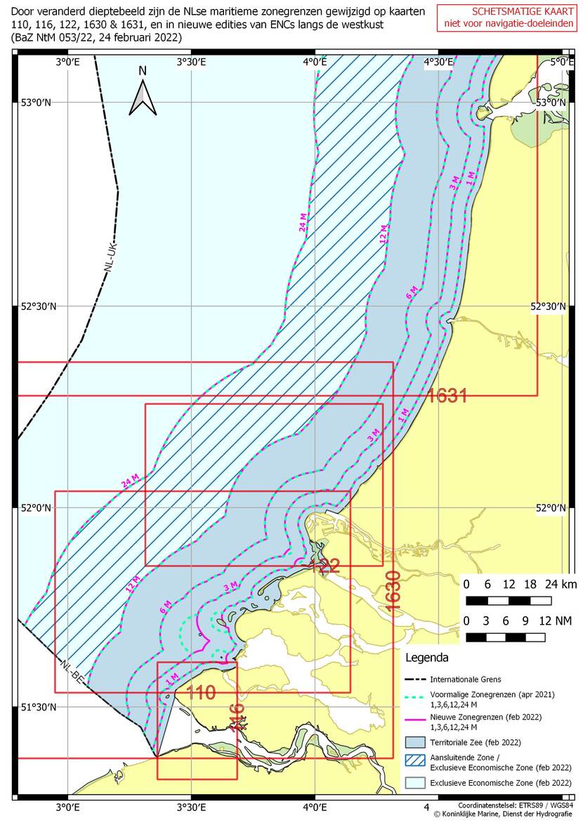 Gewijzigde zonegrenzen langs de gehele Nederlandse kust naar aanleiding van gewijzigd dieptebeeld op verschillende zeekaarten. De maximale wijzigingen nabij de Zeeuwse en Zuid-Hollandse kust bedragen: -3400 meter (1 Mijlslijn), -6000 meter (3 Mijlslijn), +150 meter (6 Mijlslijn), +100 meter (12 en 24 Mijlslijn).