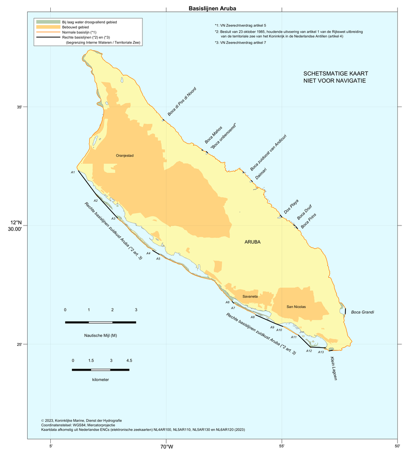 Kaart: zonegrenzen voor Aruba (benedenwindse diepte Nederlandse Antillen). De inhoud van de kaart is te gebruiken door zeevarenden.