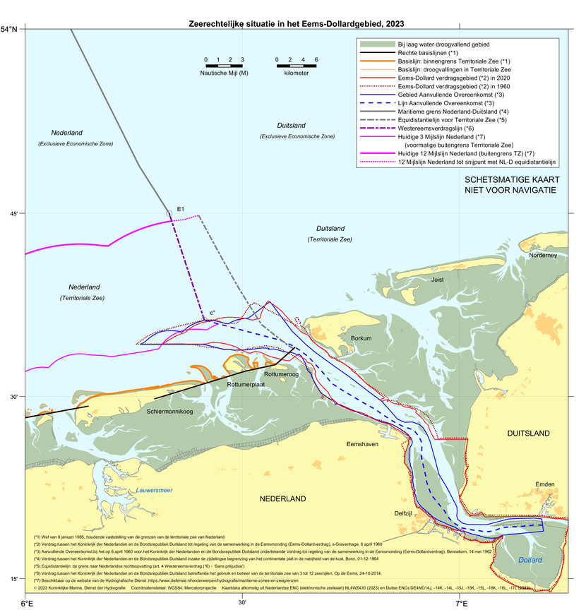 Kaart: zeerechtelijke situatie in de Eems-Dollardgebied 2023. De inhoud van de kaart is te gebruiken door zeevarenden.