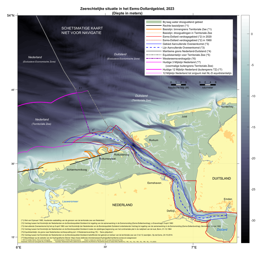 Kaart: zeerechtelijke situatie in het Eems-Dollardgebied, 2023. De inhoud van de kaart is te gebruiken door zeevarenden.