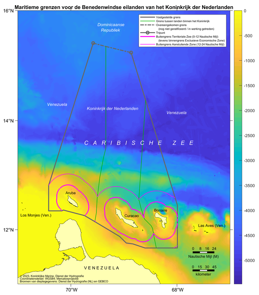 Kaart: zonegrenzen voor Aruba, Curaçao en Bonaire (benedenwindse diepte Nederlandse Antillen). De inhoud van de kaart is te gebruiken door zeevarenden.