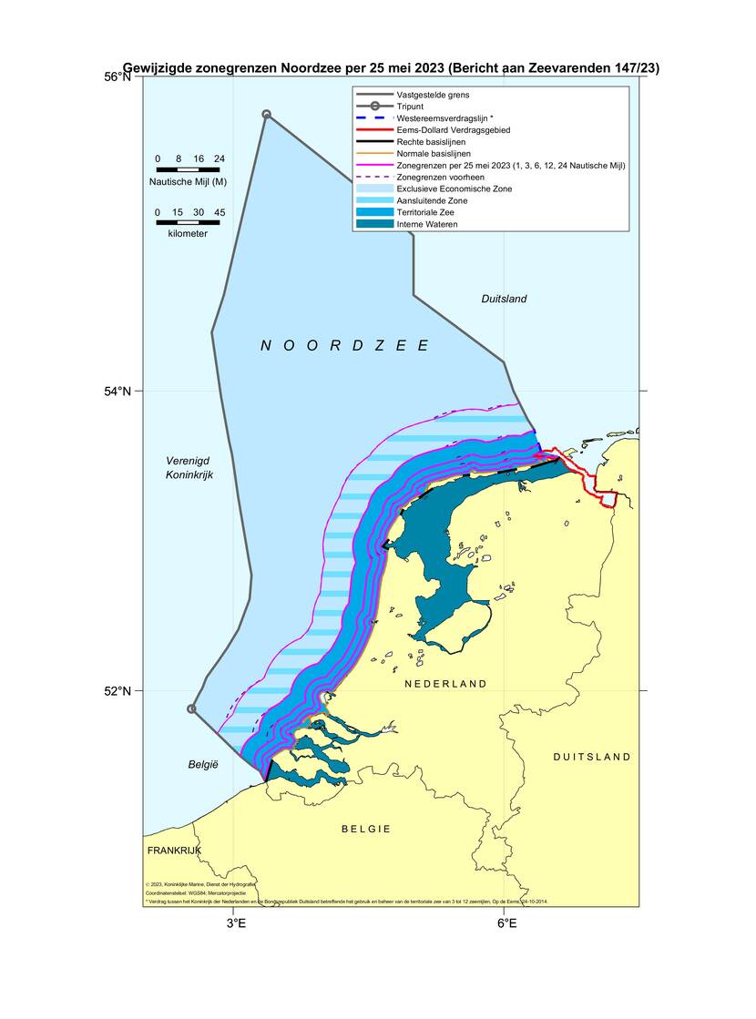 Gewijzigde zonegrenzen naar aanleiding van gewijzigd dieptebeeld op verschillende zeekaarten. De maximale wijzigingen zijn +2700m (1, 3, 6, 12 en 24 M-lijn).