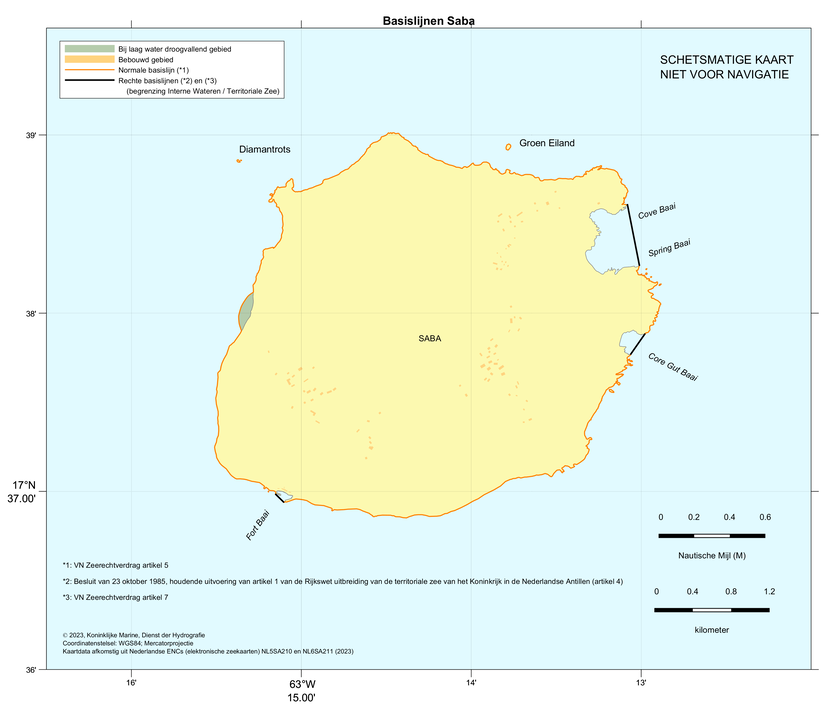 Kaart: zonegrenzen Saba. De inhoud van de kaart is te gebruiken door zeevarenden.