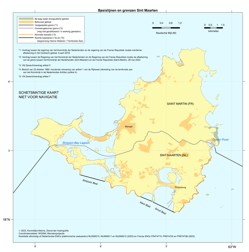 Kaart: zonegrenzen voor Sint Maarten. De inhoud van de kaart is te gebruiken door zeevarenden.
