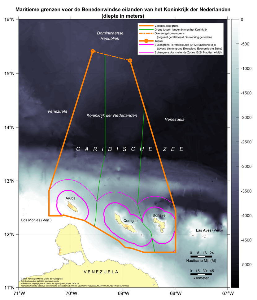 Kaart: zonegrenzen voor Aruba, Curaçao en Bonaire (benedenwindse diepte Nederlandse Antillen). De inhoud van de kaart is te gebruiken door zeevarenden.