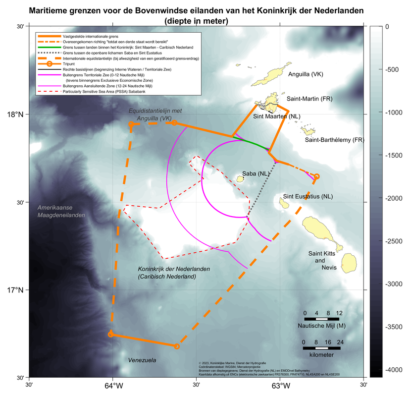 Kaart van de Nederlandse bovenwinds grenzen (diepte).