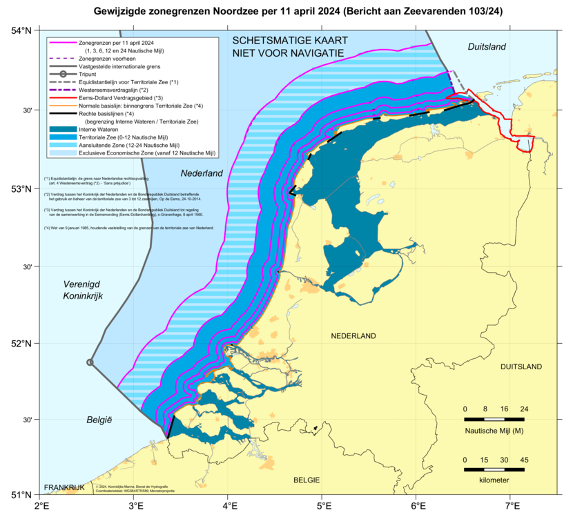Kaart: gewijzigde zonegrenzen langs de hele Nederlandse kust door gewijzigd dieptebeeld op verschillende zeekaarten. De inhoud van de kaart is te gebruiken door zeevarenden.