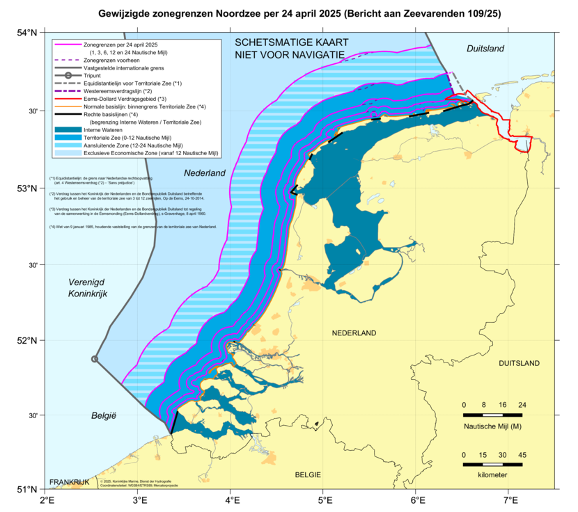 Kaart: gewijzigde zonegrenzen langs de hele Nederlandse kust door gewijzigd dieptebeeld op verschillende zeekaarten. De inhoud van de kaart is te gebruiken door zeevarenden.
