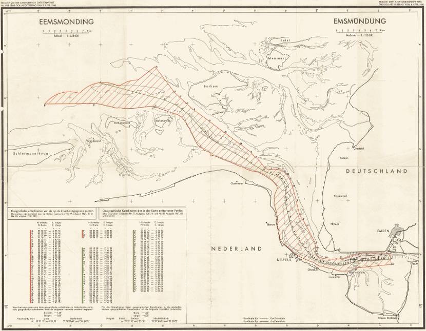 Kaart van de Eemsmonding behorende bij de aanvullende overeenkomst van het Eems-Dollardverdrag. Informatie staat op de pagina Nederlandse grenzen op de Noordzee.