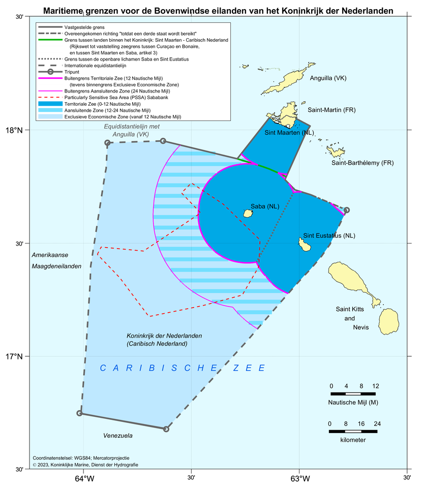 Kaart: zonegrenzen voor Saba, Sint Eustatius en Sint Maarten. De inhoud van de kaart is te gebruiken door zeevarenden.