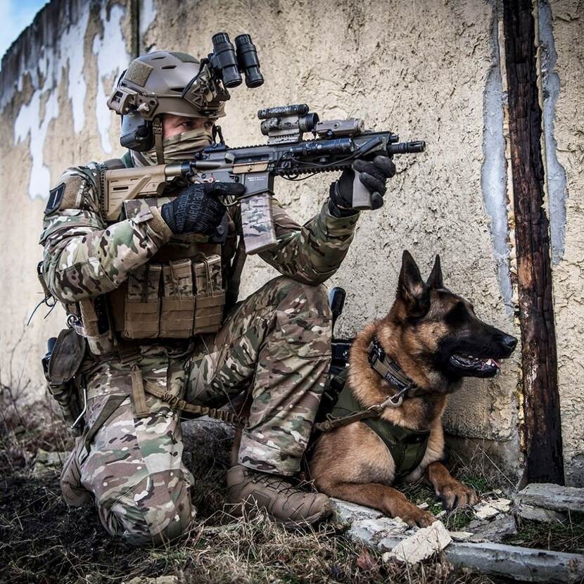 Commando militair knielt met wapen met doelaanwijzer naast muurtje met naast hem een liggende hond.