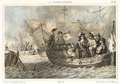 Lithografie van de schepen De Ruyter en De Witt.